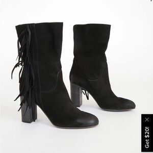 Free People Wild Rose Black Suede Leather Fringe Mid-Calf Slouch Boots